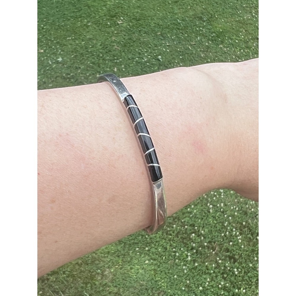 Vtg TAXCO Mexico Black Onyx Inlay Bangle Bracelet 925 Sterling Silver Hinged 24g - Picture 12 of 16